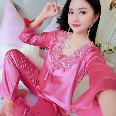 Γυναικεία Σατέν Πυτζάμες Πυτζάμες Ανοιξιάτικα Μακρυμάνικα Γυναικεία Κορεάτικη Δαντέλα Φαρδιά Oversize 4XL Σπίτι Καλοκαιρινό Σπίτι Κοστούμι