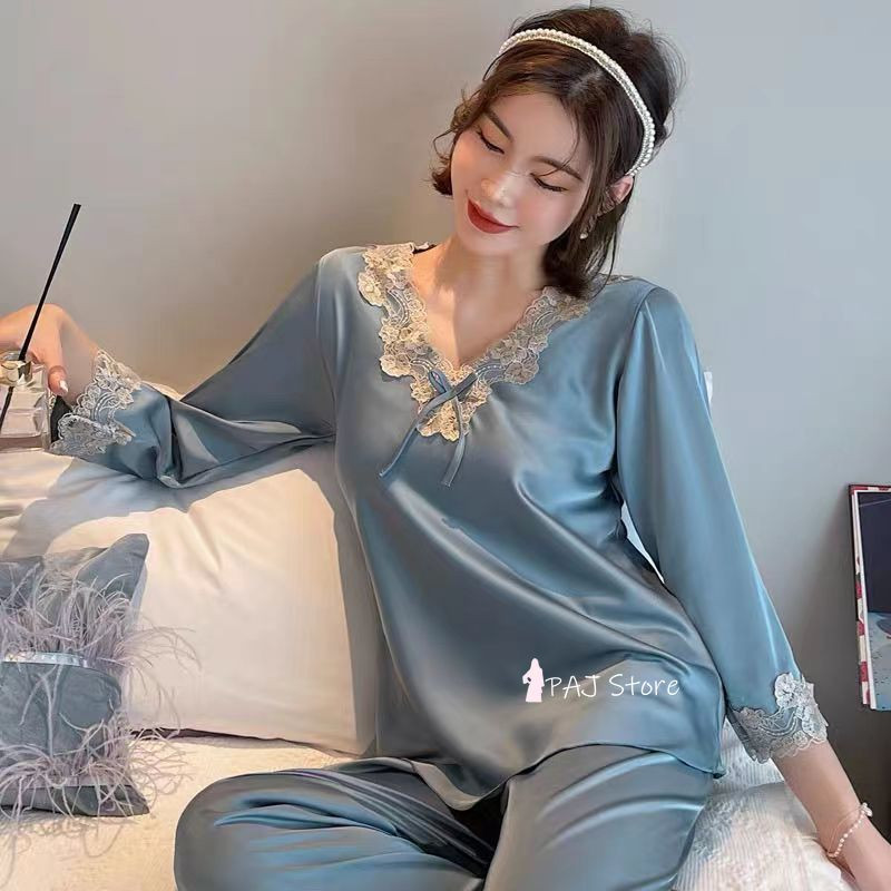 Γυναικεία Σατέν Πυτζάμες Πυτζάμες Ανοιξιάτικα Μακρυμάνικα Γυναικεία Κορεάτικη Δαντέλα Φαρδιά Oversize 4XL Σπίτι Καλοκαιρινό Σπίτι Κοστούμι