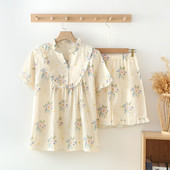 Καλοκαιρινή πιτζάμα Mujer Rose Σετ Πυζάμες Κοντό μανίκι Σορτς Lovely Ruffle Πουλόβερ με λαιμόκοψη V-λαιμόκοψη Αναπνεύσιμο νυχτικό