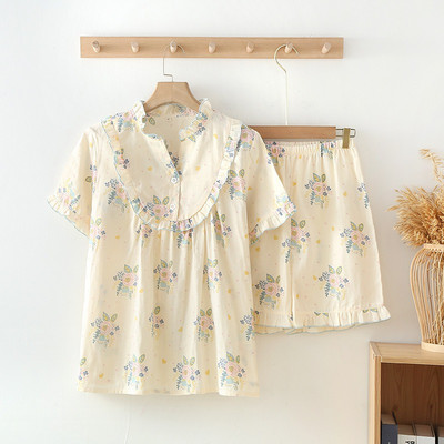 Καλοκαιρινή πιτζάμα Mujer Rose Σετ Πυζάμες Κοντό μανίκι Σορτς Lovely Ruffle Πουλόβερ με λαιμόκοψη V-λαιμόκοψη Αναπνεύσιμο νυχτικό