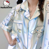 Sanrio Cinnamoroll κινουμένων σχεδίων κοντά μανίκια Y2k Σετ πιτζάμες Γυναικεία Καλοκαιρινό χαριτωμένο Γλυκιά Ομορφιά Φοιτητική ρίγα Αρχική Πυτζάμες Ρούχα