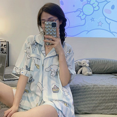 Sanrio Cinnamoroll κινουμένων σχεδίων κοντά μανίκια Y2k Σετ πιτζάμες Γυναικεία Καλοκαιρινό χαριτωμένο Γλυκιά Ομορφιά Φοιτητική ρίγα Αρχική Πυτζάμες Ρούχα