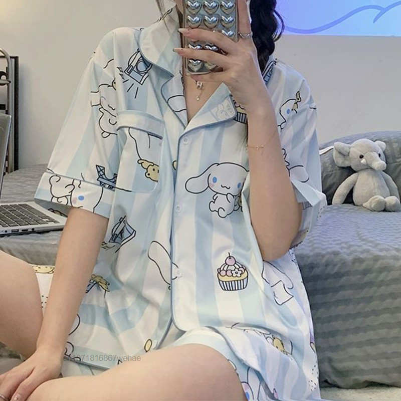 Sanrio Cinnamoroll κινουμένων σχεδίων κοντά μανίκια Y2k Σετ πιτζάμες Γυναικεία Καλοκαιρινό χαριτωμένο Γλυκιά Ομορφιά Φοιτητική ρίγα Αρχική Πυτζάμες Ρούχα