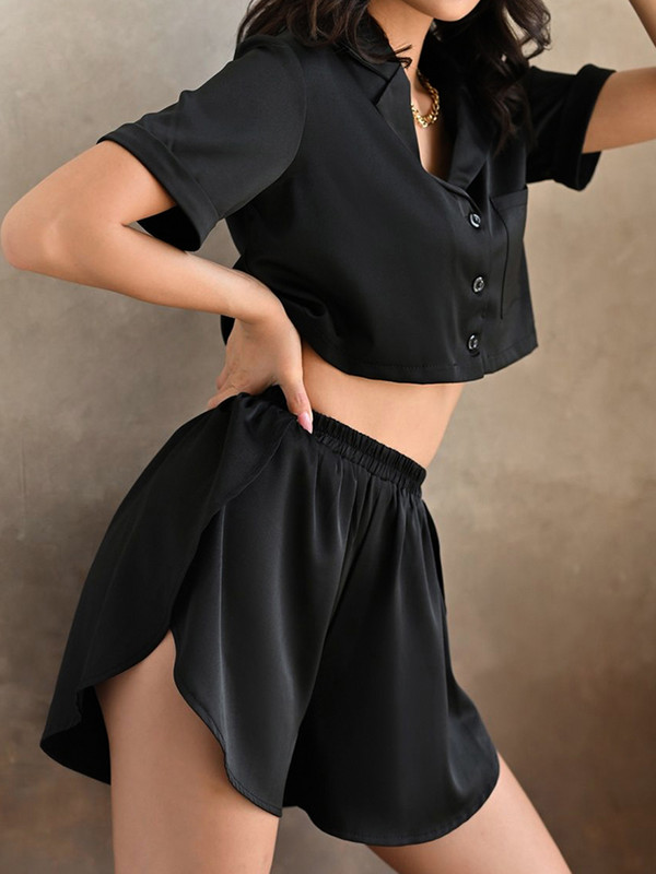 Linad Μαύρες Πυτζάμες Γυναικείες Σετ 2 τεμαχίων Φαρδιά κοντομάνικα Crop Top Γυναικείες φόρμες για το σπίτι με σορτς Άνοιξη casual υπνοδωματίων