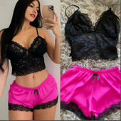 Set de pijamale pentru femei Set două piese din dantelă camisol din mătase de gheață Top de vară sexy fără mâneci pantaloni scurți cu talie elastică pentru femei Îmbrăcăminte de acasă NOU