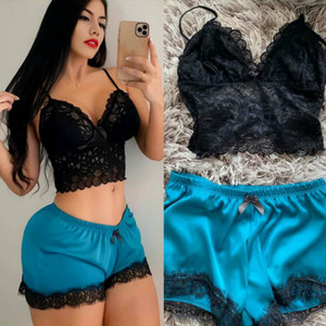 Set de pijamale pentru femei Set două piese din dantelă camisol din mătase de gheață Top de vară sexy fără mâneci pantaloni scurți cu talie elastică pentru femei Îmbrăcăminte de acasă NOU