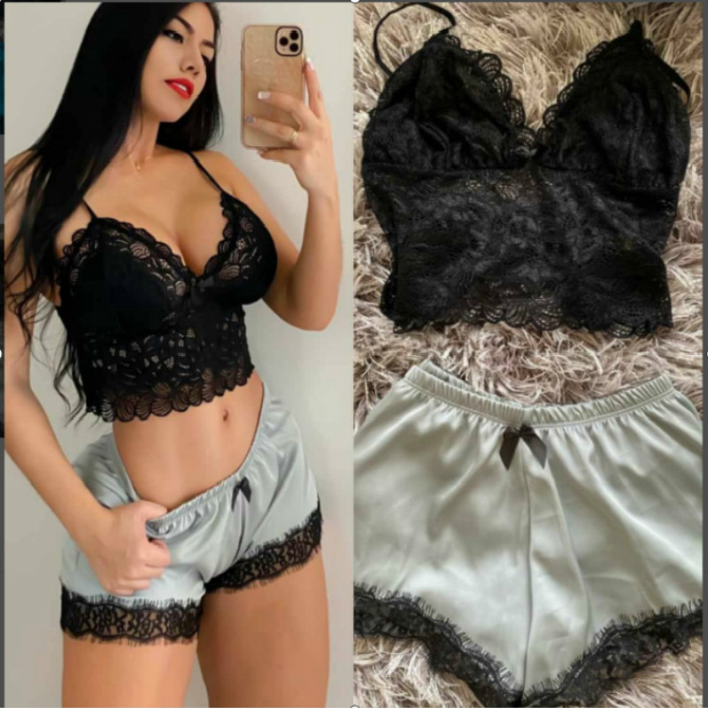 Set de pijamale pentru femei Set două piese din dantelă camisol din mătase de gheață Top de vară sexy fără mâneci pantaloni scurți cu talie elastică pentru femei Îmbrăcăminte de acasă NOU