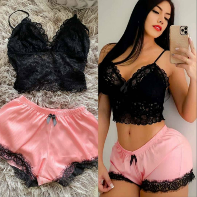 Set de pijamale pentru femei Set două piese din dantelă camisol din mătase de gheață Top de vară sexy fără mâneci pantaloni scurți cu talie elastică pentru femei Îmbrăcăminte de acasă NOU