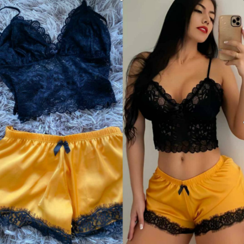 Set de pijamale pentru femei Set două piese din dantelă camisol din mătase de gheață Top de vară sexy fără mâneci pantaloni scurți cu talie elastică pentru femei Îmbrăcăminte de acasă NOU