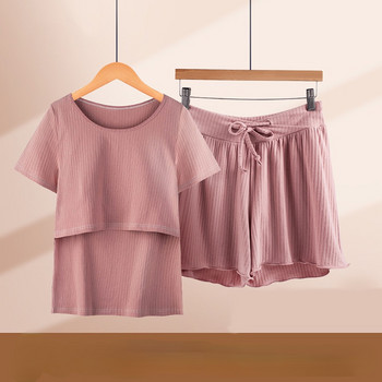 Пижами за бременни от чист памук за кърмене с къси ръкави Дамски летни тънки дрехи за затворени дрехи комплект за кърмене S0704
