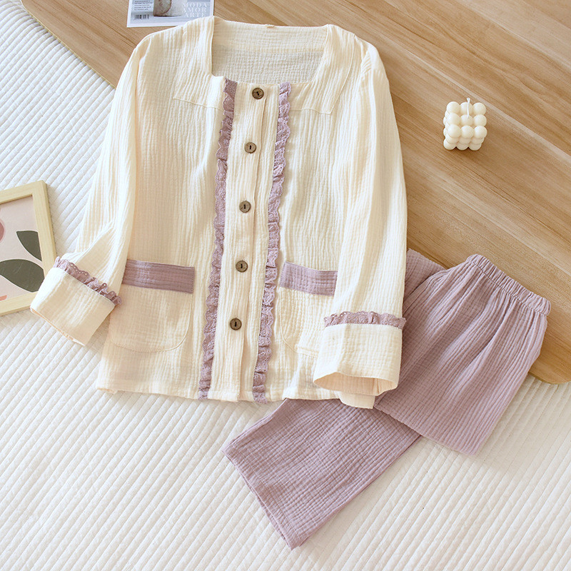 Dámske pyžamo s dlhým rukávom a štvorcovým golierom, jednofarebný kontrastný krepový bavlnený kawaii štýl, elegantné 2-dielne pyžamo