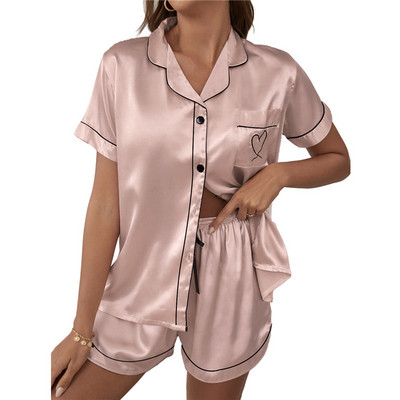 Set pijamale sexy din imitație de mătase pentru femei, pijamale din satin moale, cu mâneci scurte, două piese, set de pijamale, cu nasturi, mărime mare, M-2XL