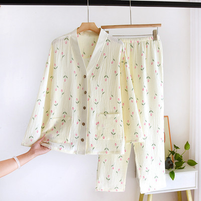 Japanska nova jesenska ženska pidžama plus veličine Hlače dugih rukava Dvodijelni set 100% pamuk krep salonke Tanko odijelo s V izrezom
