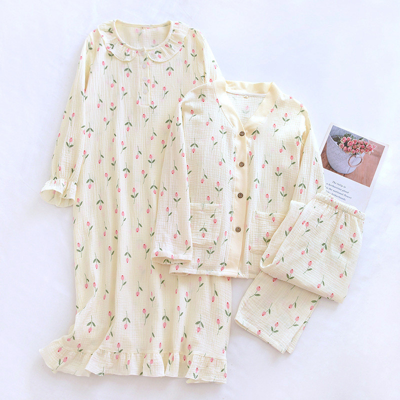 Japanska nova jesenska ženska pidžama plus veličine Hlače dugih rukava Dvodijelni set 100% pamuk krep salonke Tanko odijelo s V izrezom