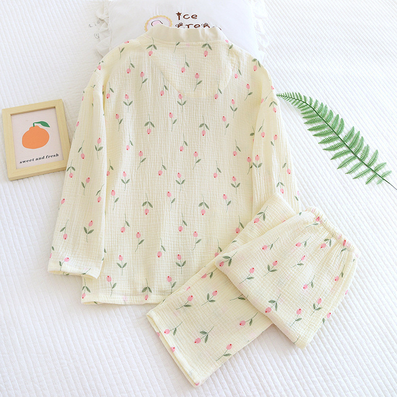Japanska nova jesenska ženska pidžama plus veličine Hlače dugih rukava Dvodijelni set 100% pamuk krep salonke Tanko odijelo s V izrezom