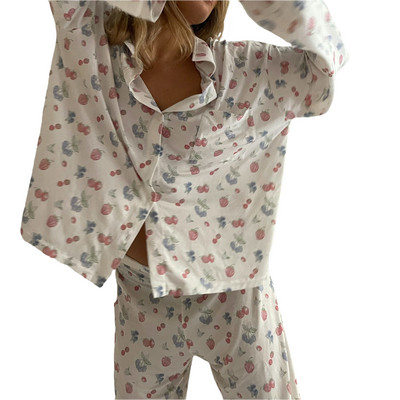 Set de pijamale cu imprimeu floral pentru femei, cu top cu mâneci scurte și pantaloni capri - îmbrăcăminte confortabilă pentru o seară relaxantă