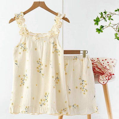 Γιαπωνέζικα χαριτωμένα κοριτσίστικα ζαρτιέρες νυχτικό κρεπ βαμβακερές πιτζάμες καλοκαιρινά σορτς με λουλούδια για το σπίτι Ρούχα φαρδιά 2 τμχ Σετ πιτζάμες