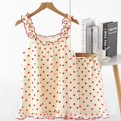 Γιαπωνέζικα χαριτωμένα κοριτσίστικα ζαρτιέρες νυχτικό κρεπ βαμβακερές πιτζάμες καλοκαιρινά σορτς με λουλούδια για το σπίτι Ρούχα φαρδιά 2 τμχ Σετ πιτζάμες