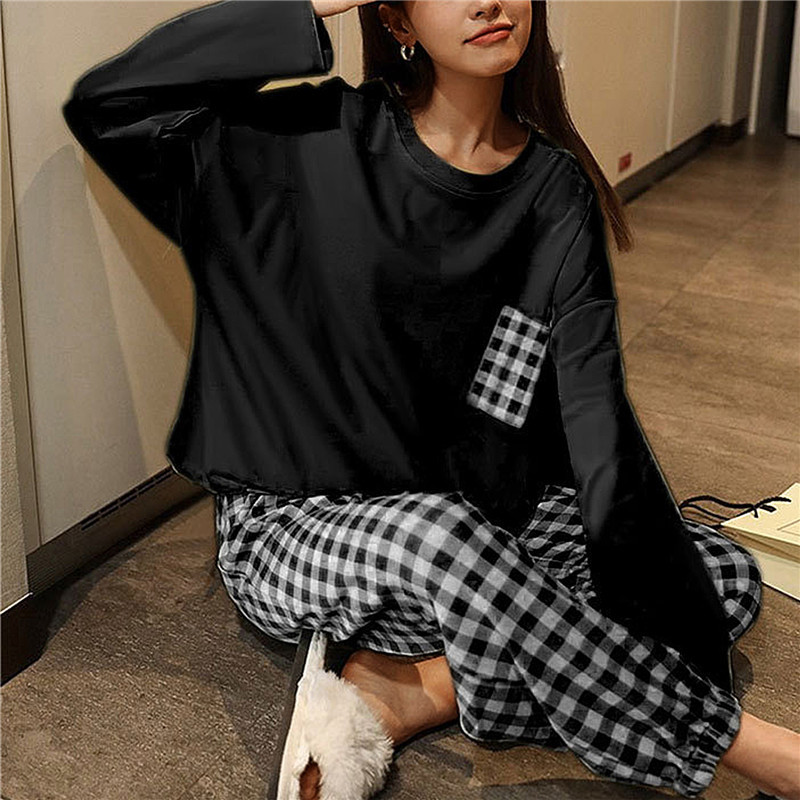 Pijamale în carouri pentru dama, primăvară, toamnă, cu mânecă lungă, poliester, bumbac, pentru femei, toamnă și iarnă, dimensiuni mari, ocazional, set de îmbrăcăminte pentru acasă de toamnă