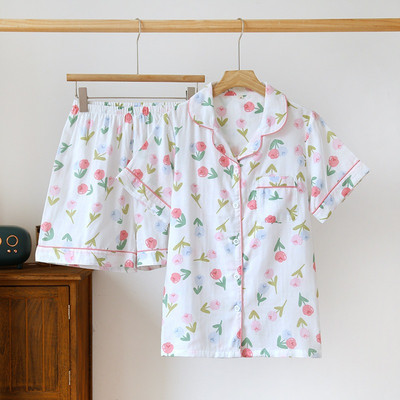 Καλοκαιρινό κοντομάνικο σορτς 2023 Φαρδιά σετ πιτζάμες 2 τμχ 100% βαμβακερή γάζα Casual στάμπα πουκάμισο ύπνου Ενδύματα για το σπίτι