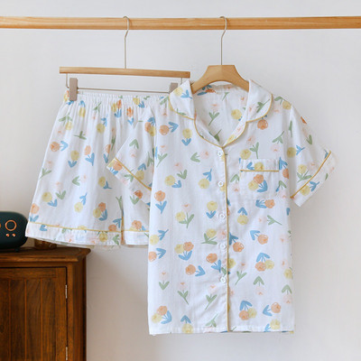 Καλοκαιρινό κοντομάνικο σορτς 2023 Φαρδιά σετ πιτζάμες 2 τμχ 100% βαμβακερή γάζα Casual στάμπα πουκάμισο ύπνου Ενδύματα για το σπίτι