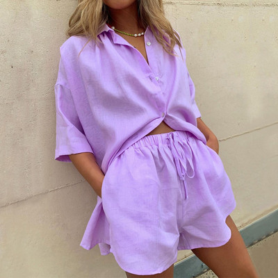 Γυναικείες πιτζάμες μονόχρωμες μονόχρωμες φαρδιά μανίκια πουκάμισα casual σορτς δύο τεμαχίων σετ μόδας πέτο από βαμβακερά νήματα