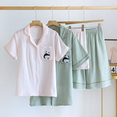 Καλοκαιρινό Άντρες Γυναικείες Εραστές Σετ Πυτζάμες 2 τεμ. Comfort κρεπ βαμβακερό κοντό μανίκι + σορτς Οικιακά καρό γιακά