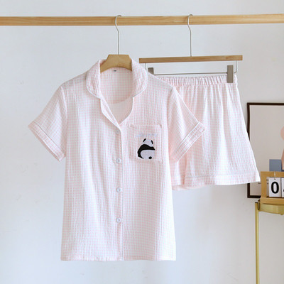 Καλοκαιρινό Άντρες Γυναικείες Εραστές Σετ Πυτζάμες 2 τεμ. Comfort κρεπ βαμβακερό κοντό μανίκι + σορτς Οικιακά καρό γιακά