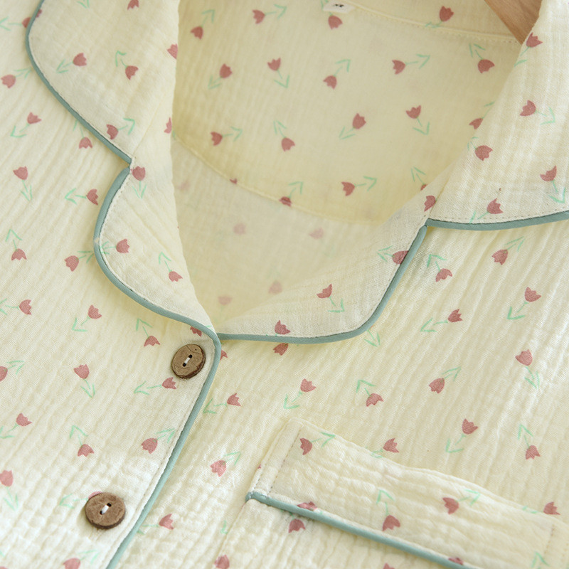 Νέο ανοιξιάτικο και φθινόπωρο σετ γυναικείες πιτζάμες 100% βαμβακερό κρεπ μακρυμάνικο παντελόνι δύο τεμαχίων χαριτωμένο πέτο τουλίπα Γυναικεία ρούχα για το σπίτι