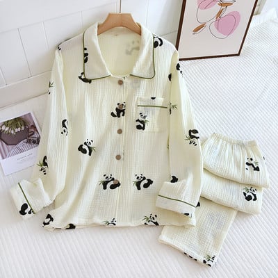 100% puuvillane krepp lahtine pidžaamakomplekt naiste pikkade varrukatega püksid koduülikond Cute Panda Print Pidžaamad naiste lihtsad pidžaamad 2tk