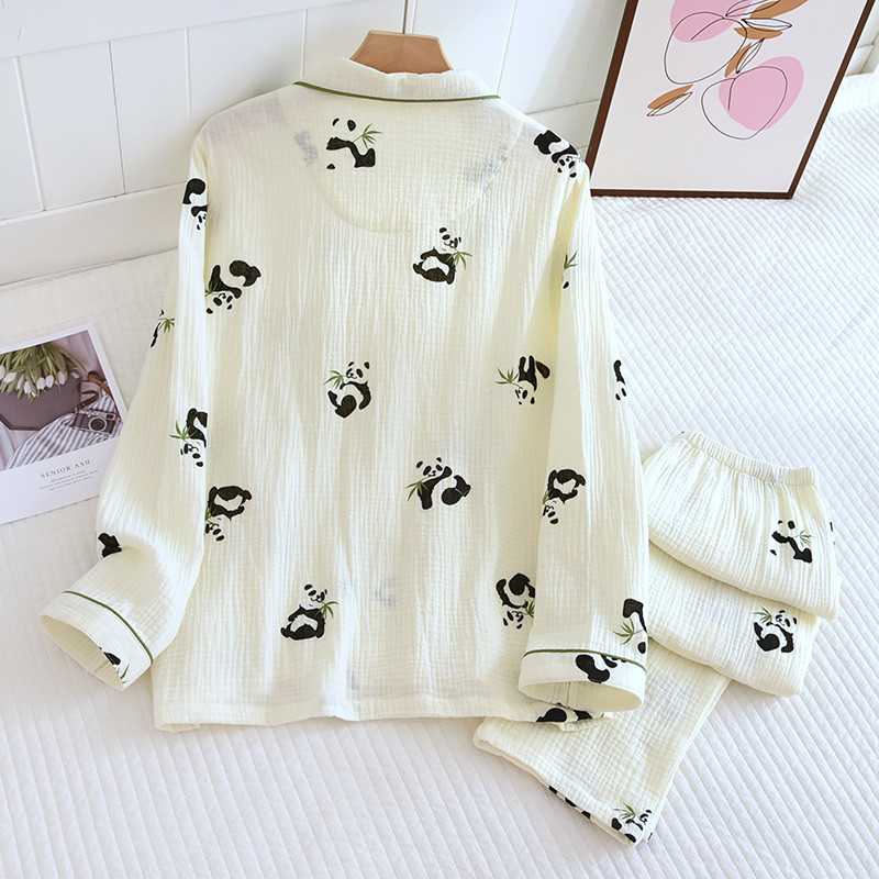 100% puuvillane krepp lahtine pidžaamakomplekt naiste pikkade varrukatega püksid koduülikond Cute Panda Print Pidžaamad naiste lihtsad pidžaamad 2tk