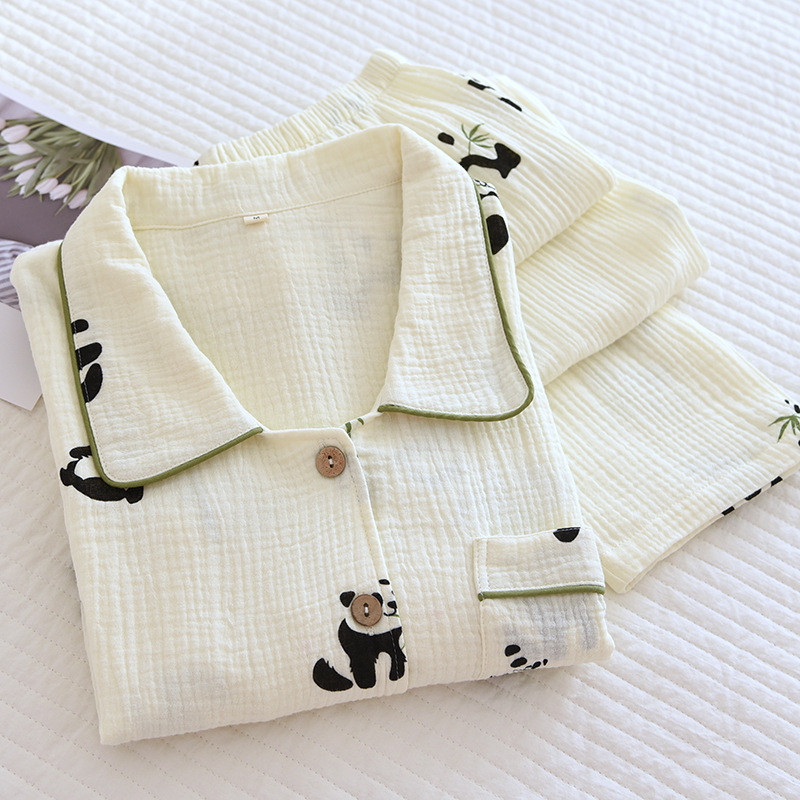 100% puuvillane krepp lahtine pidžaamakomplekt naiste pikkade varrukatega püksid koduülikond Cute Panda Print Pidžaamad naiste lihtsad pidžaamad 2tk