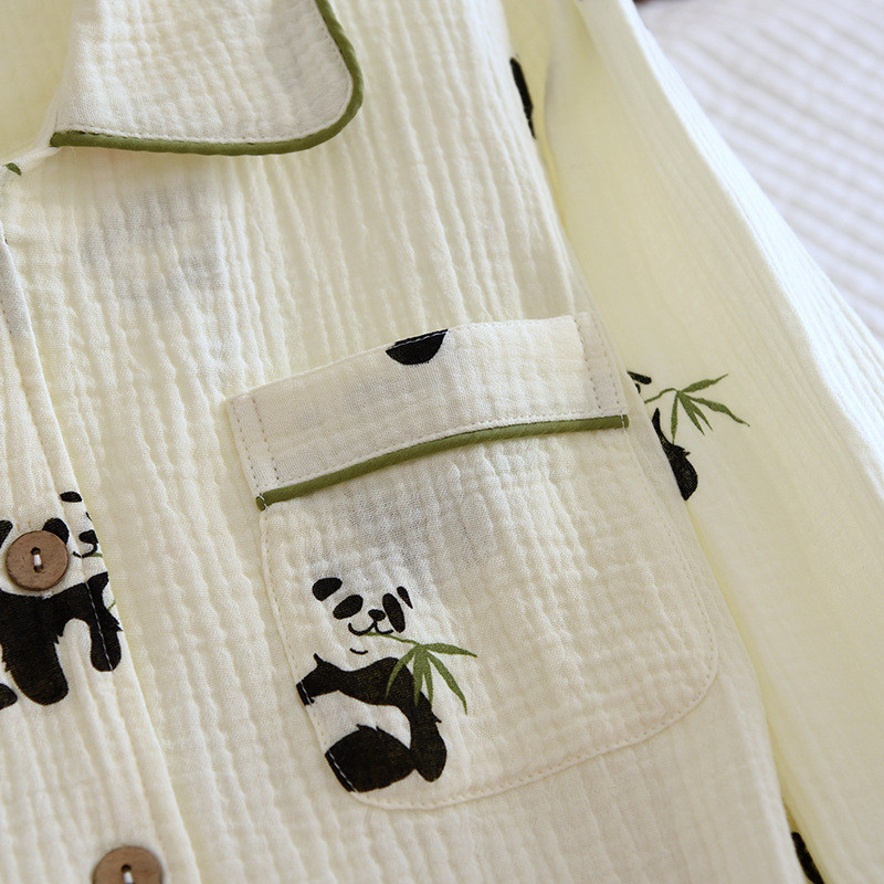 100% puuvillane krepp lahtine pidžaamakomplekt naiste pikkade varrukatega püksid koduülikond Cute Panda Print Pidžaamad naiste lihtsad pidžaamad 2tk