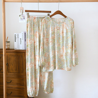 Pulover od viskoze s okruglim izrezom Ženska pidžama za proljeće i ljeto, tanka, cool, otporna na komarce, dugih rukava + hlače, 2 komada kućanske odjeće