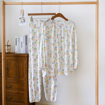 Pulover od viskoze s okruglim izrezom Ženska pidžama za proljeće i ljeto, tanka, cool, otporna na komarce, dugih rukava + hlače, 2 komada kućanske odjeće