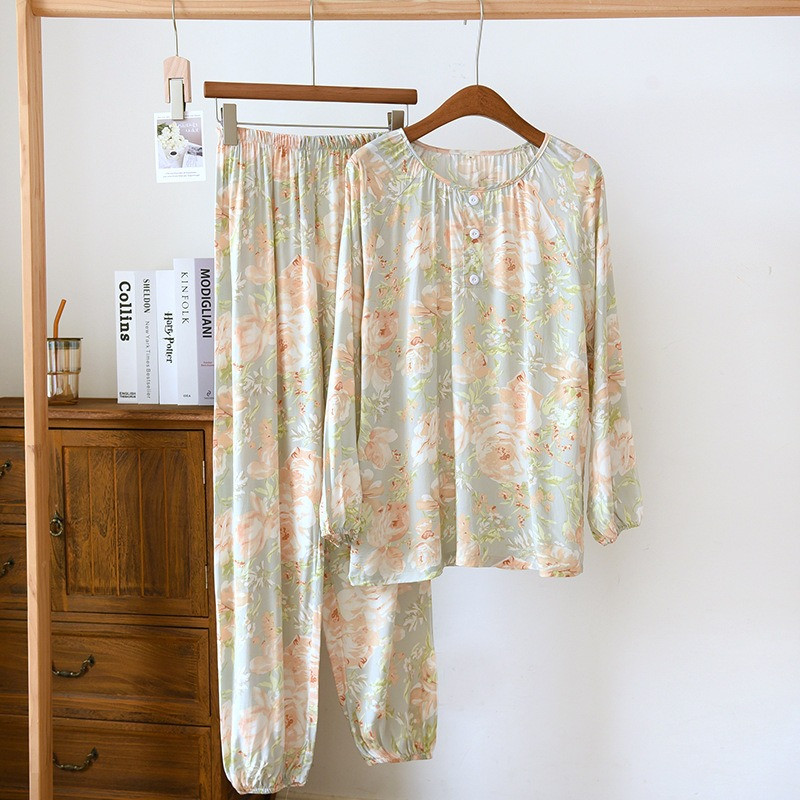 Pulover od viskoze s okruglim izrezom Ženska pidžama za proljeće i ljeto, tanka, cool, otporna na komarce, dugih rukava + hlače, 2 komada kućanske odjeće