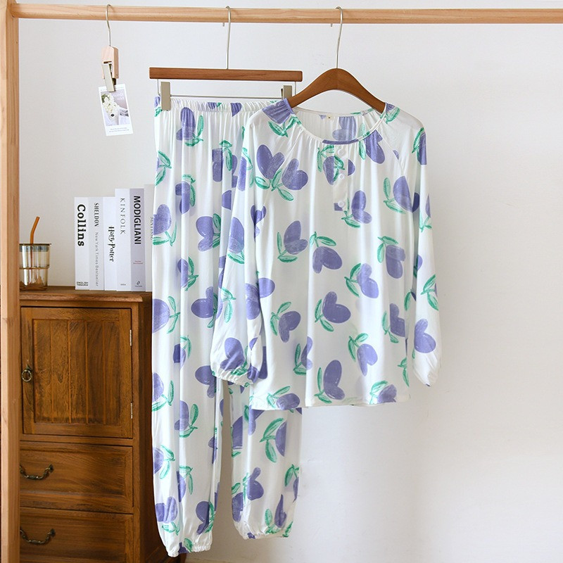 Pulover od viskoze s okruglim izrezom Ženska pidžama za proljeće i ljeto, tanka, cool, otporna na komarce, dugih rukava + hlače, 2 komada kućanske odjeće