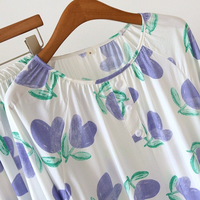 Pulover od viskoze s okruglim izrezom Ženska pidžama za proljeće i ljeto, tanka, cool, otporna na komarce, dugih rukava + hlače, 2 komada kućanske odjeće