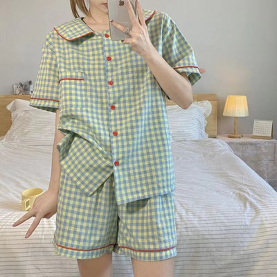 CAIYIER Green Grid Γυναικείες πιτζάμες Καλοκαιρινό κορίτσι Κορεάτικα γλυκά νυχτικά Απαλά καθημερινά υπνοδωμάτια Γυναικεία ιαπωνικά κομψά ρούχα για το σπίτι