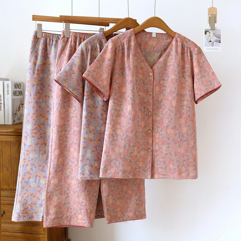 Set de pijamale cardigan de damă din bumbac jacquard cu imprimeu floral, pantaloni largi, subțiri, cu decolteu în V, până la gambe 2 buc.