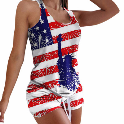 Σετ πιτζάμες Γυναικεία Αστέρια και Ρίγες Εκτύπωση Ιουλίου της 4ης Loose Sleepwear Γραφικά μπλουζάκια και σορτς 2 τεμαχίων σετ Activewear Outfits