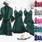 4PC Robe de mătase Costum de dormit Femei Dantela Satin Pijamale Set de rochii de noapte Cami cu decolteu în V Purtați pijama Home Lenjerie de noapte Cămașă de noapte de primăvară