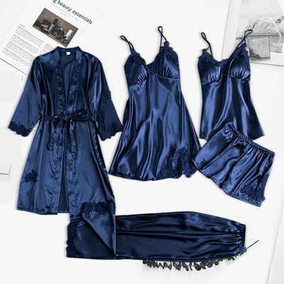 4PC Robe de mătase Costum de dormit Femei Dantela Satin Pijamale Set de rochii de noapte Cami cu decolteu în V Purtați pijama Home Lenjerie de noapte Cămașă de noapte de primăvară