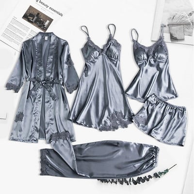 4PC Robe de mătase Costum de dormit Femei Dantela Satin Pijamale Set de rochii de noapte Cami cu decolteu în V Purtați pijama Home Lenjerie de noapte Cămașă de noapte de primăvară