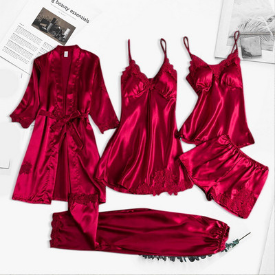 4PC Robe de mătase Costum de dormit Femei Dantela Satin Pijamale Set de rochii de noapte Cami cu decolteu în V Purtați pijama Home Lenjerie de noapte Cămașă de noapte de primăvară