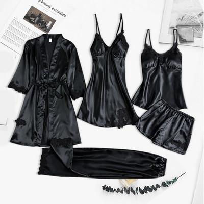 4PC Robe de mătase Costum de dormit Femei Dantela Satin Pijamale Set de rochii de noapte Cami cu decolteu în V Purtați pijama Home Lenjerie de noapte Cămașă de noapte de primăvară