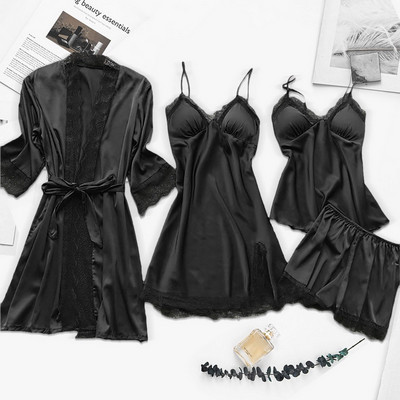 4PC Robe de mătase Costum de dormit Femei Dantela Satin Pijamale Set de rochii de noapte Cami cu decolteu în V Purtați pijama Home Lenjerie de noapte Cămașă de noapte de primăvară