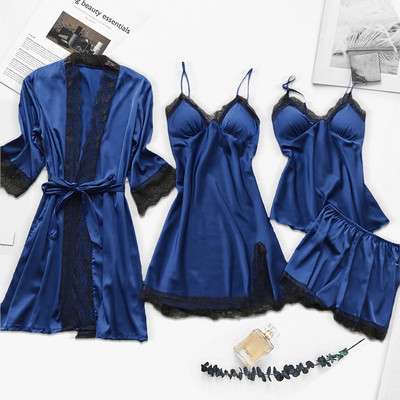 4PC Robe de mătase Costum de dormit Femei Dantela Satin Pijamale Set de rochii de noapte Cami cu decolteu în V Purtați pijama Home Lenjerie de noapte Cămașă de noapte de primăvară