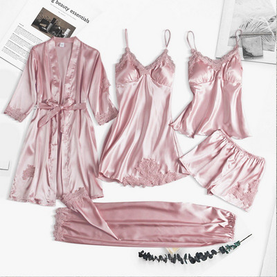 4PC Robe de mătase Costum de dormit Femei Dantela Satin Pijamale Set de rochii de noapte Cami cu decolteu în V Purtați pijama Home Lenjerie de noapte Cămașă de noapte de primăvară