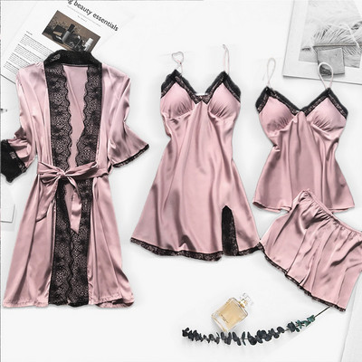 4PC Robe de mătase Costum de dormit Femei Dantela Satin Pijamale Set de rochii de noapte Cami cu decolteu în V Purtați pijama Home Lenjerie de noapte Cămașă de noapte de primăvară